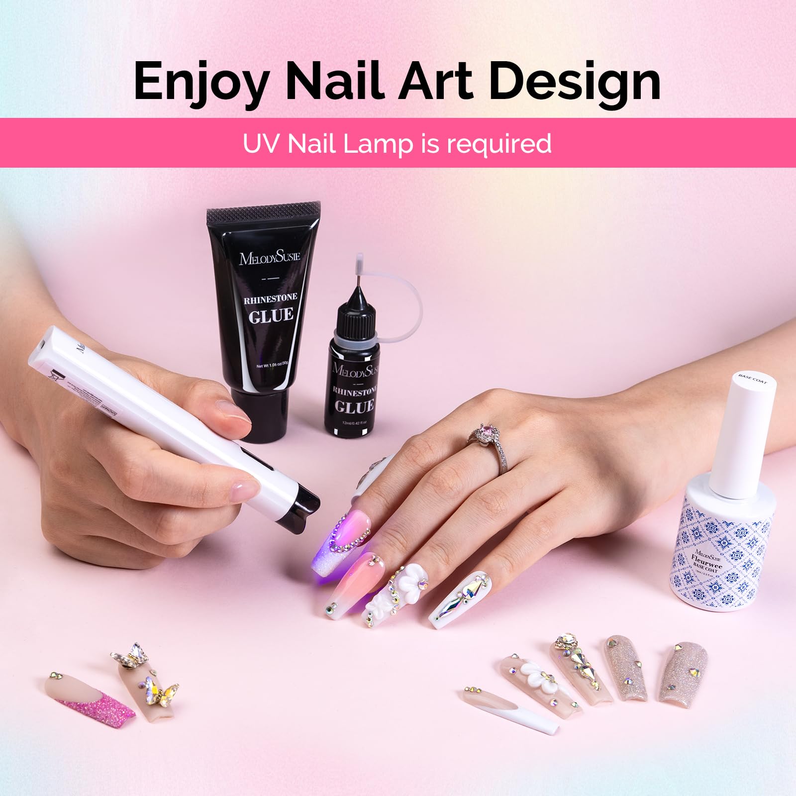 MelodySusie nail art before and after using glues and lamp showing durable sparkling results benefit