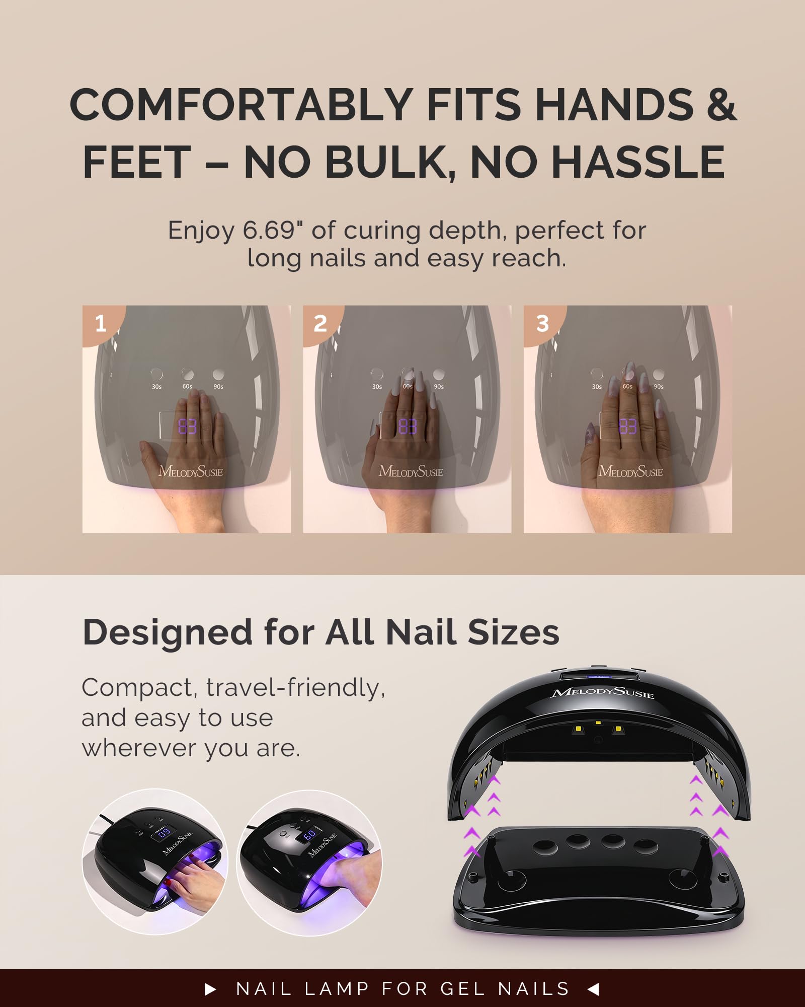 MelodySusie lamp beside a hand to show scale and portable convenience