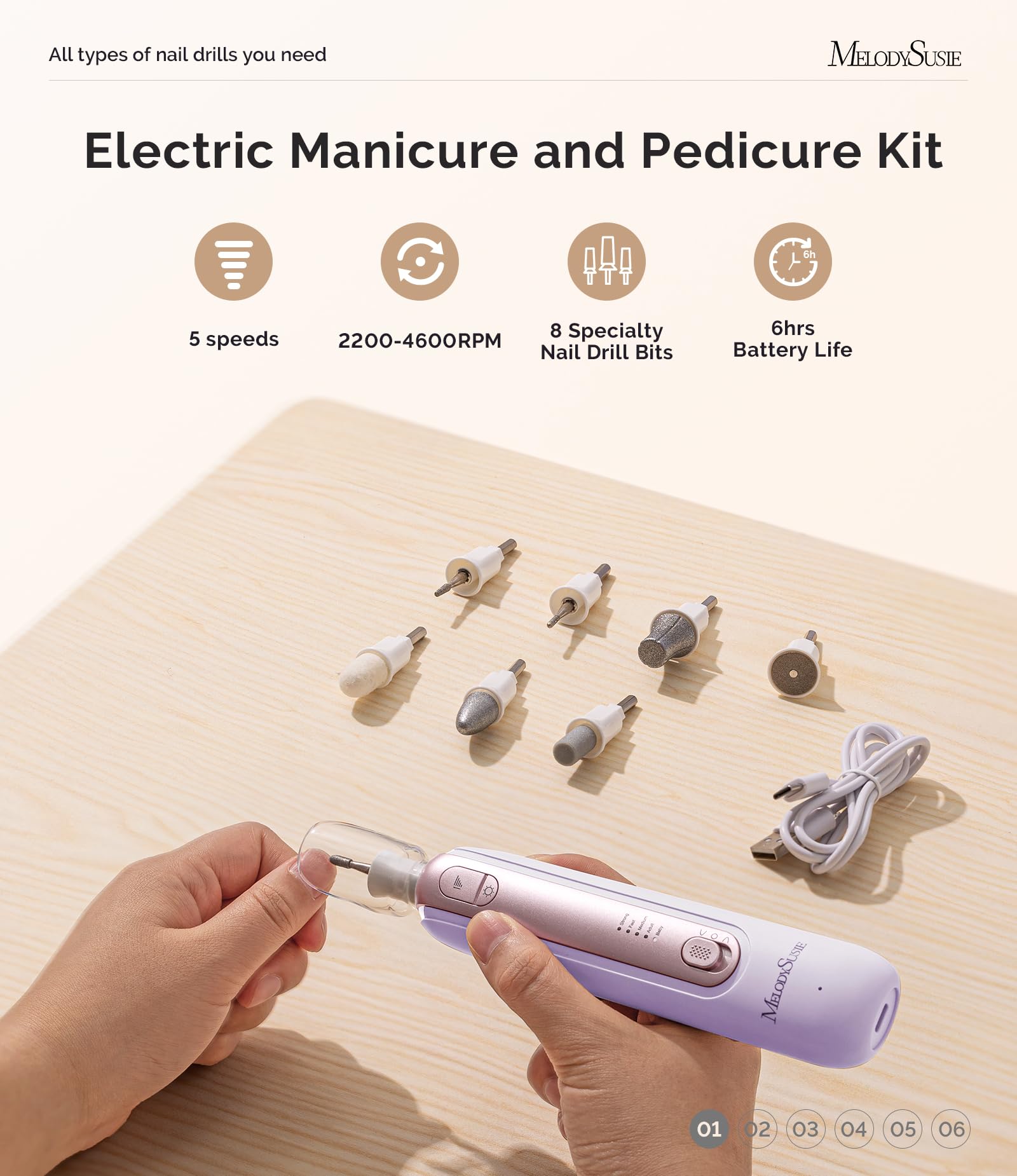 MelodySusie arranged eight drill bits demonstrating versatility for filing, grinding, polishing benefits