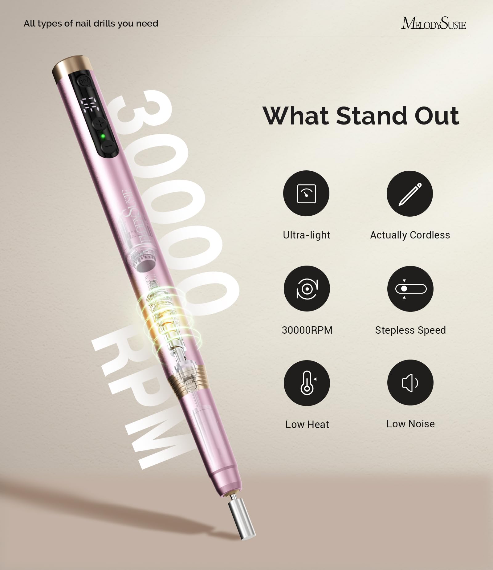 MelodySusie close-up of pen-shaped handpiece for improved grip and control
