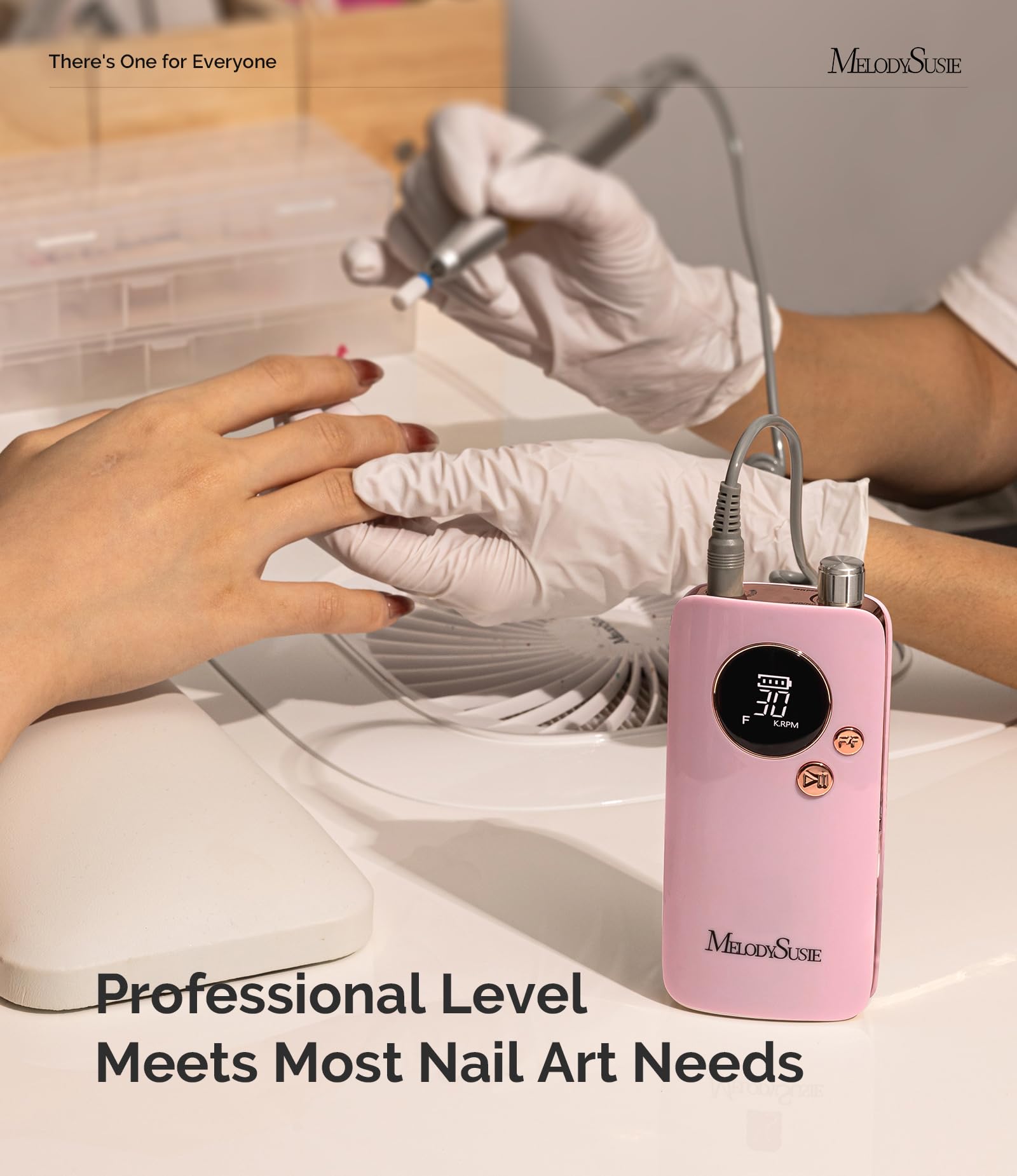MelodySusie SC320F in use filing acrylic nails showing stable low-vibration performance