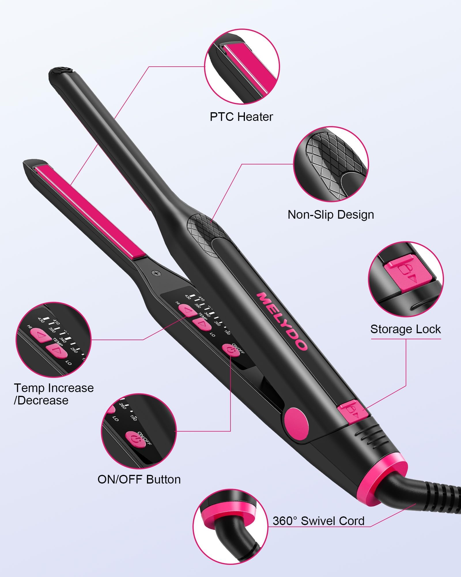 MELYDO held in hand to show compact pencil iron size and easy one-handed use
