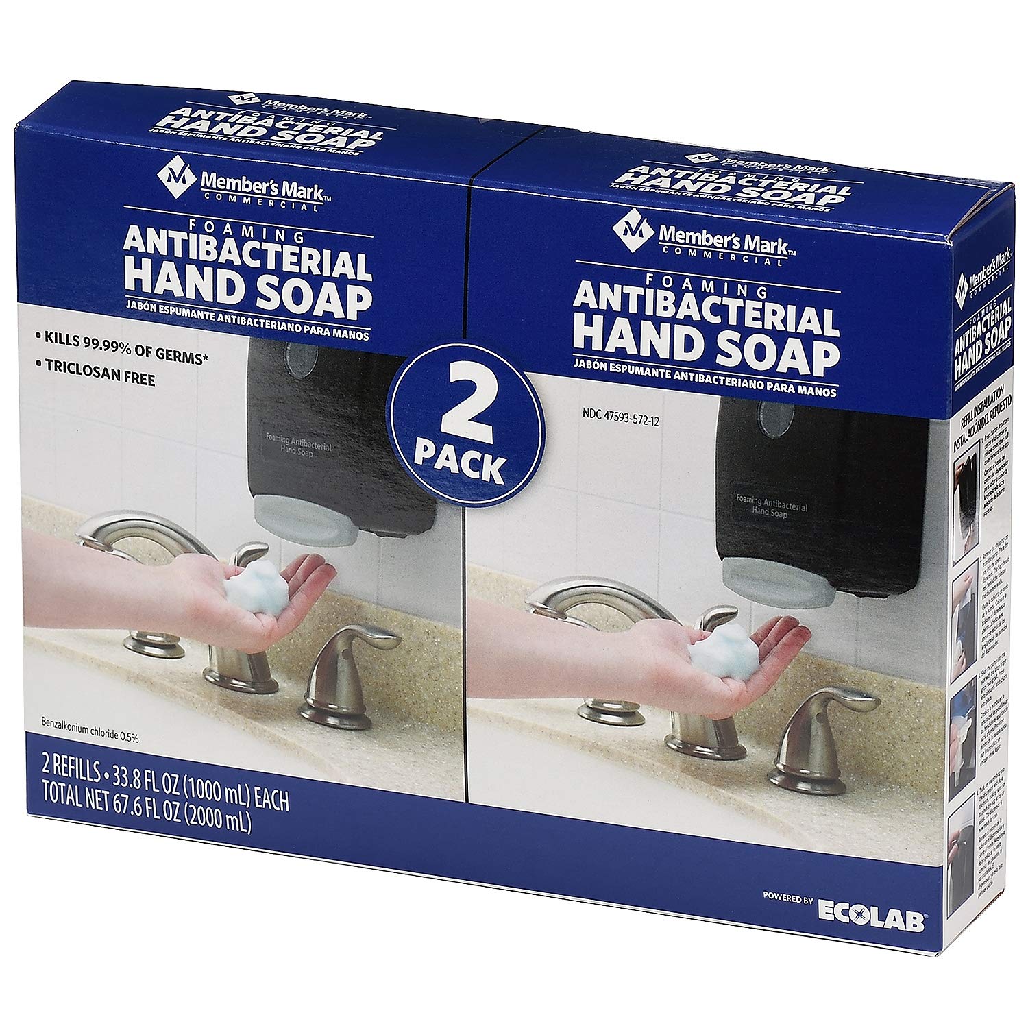 Member's Mark front packaging showing two 33.8 fl oz refill cartridges and benefits