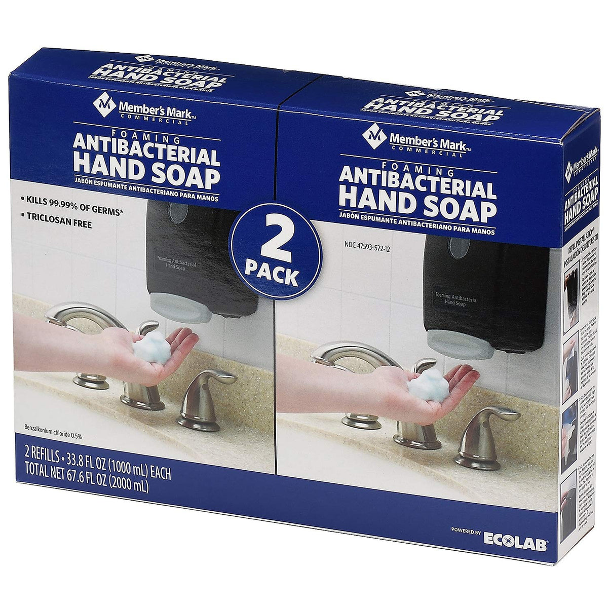 Member's Mark front packaging showing two 33.8 fl oz refill cartridges and benefits