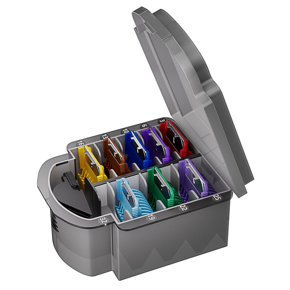 MEMIRY front view of nine clipper guards showing colors and sizes for fast selection
