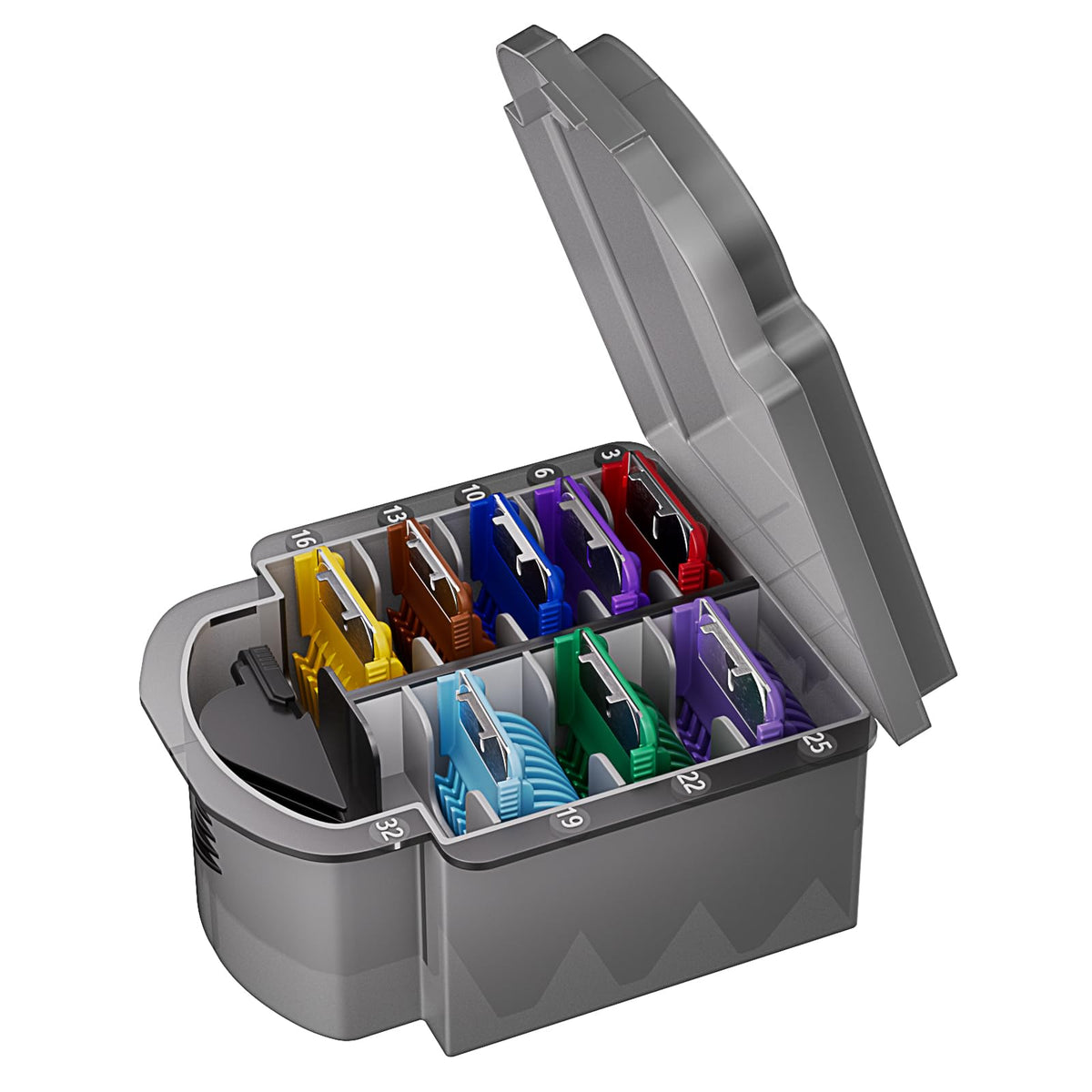 MEMIRY front view of nine clipper guards showing colors and sizes for fast selection