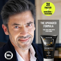 MENFIRST shampoo texture pouring from bottle showing creamy consistency and color