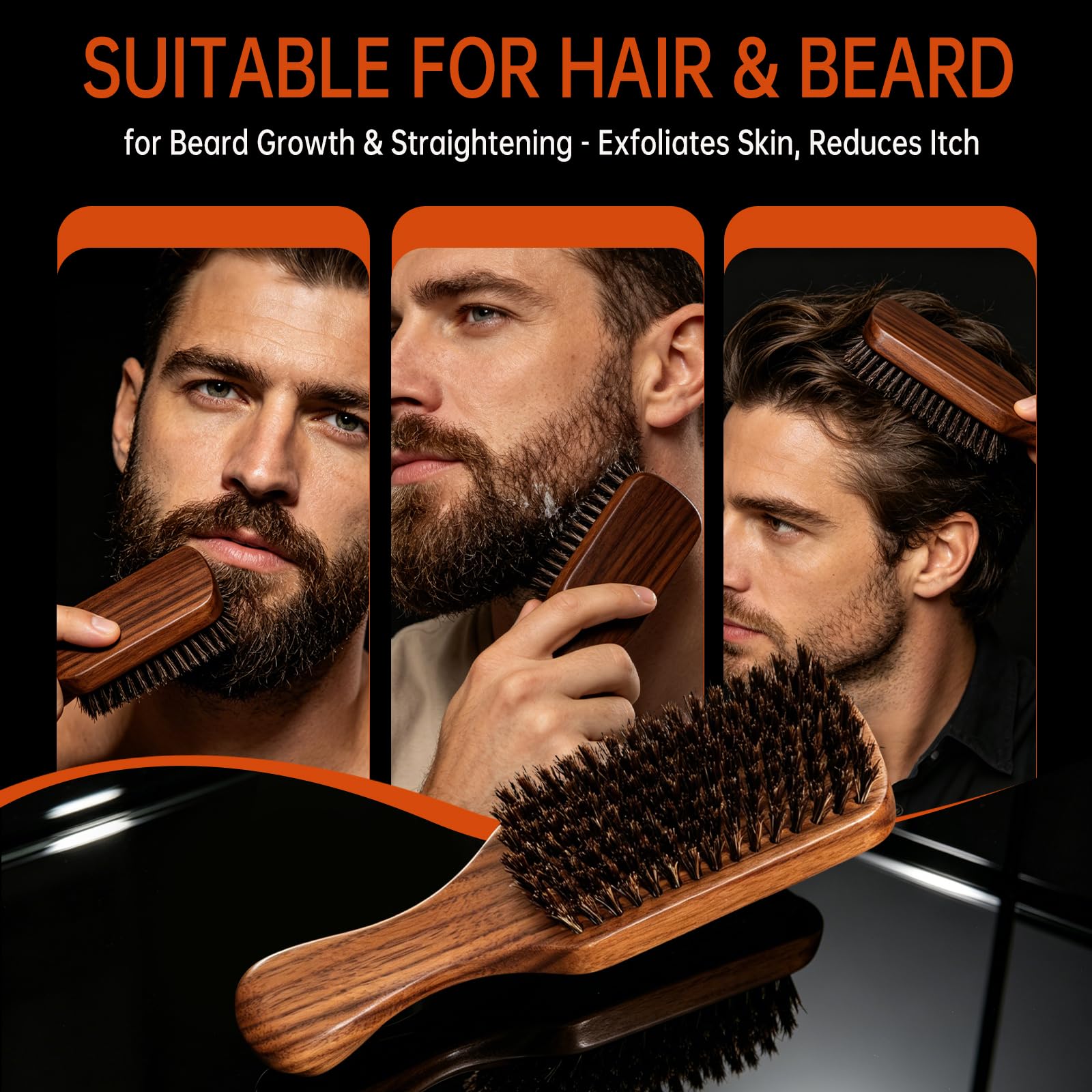 MenGate full brush side profile demonstrating curved 9.21-inch handle for comfortable grooming