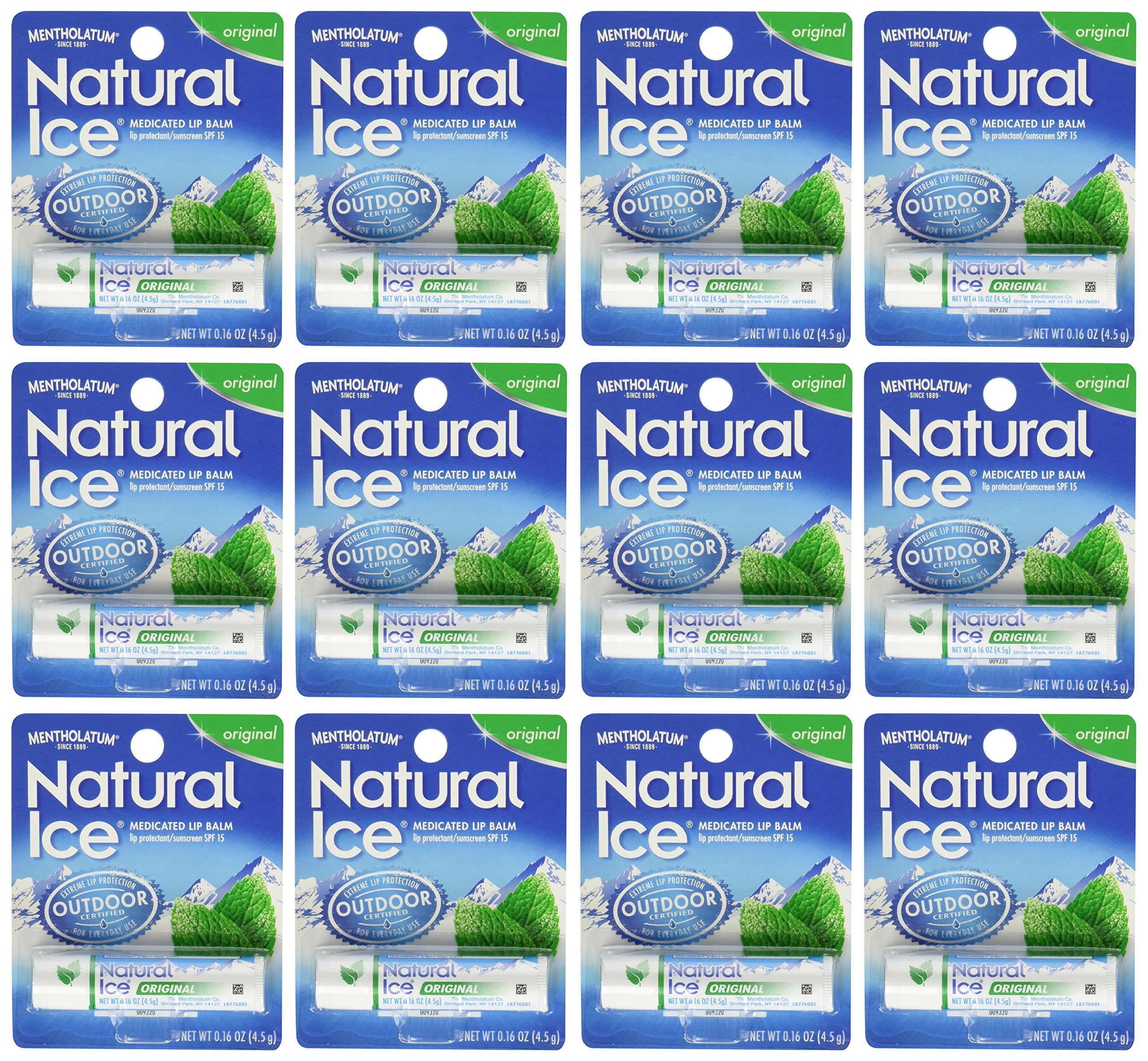 Ever Ready First Aid Mentholatum Natural Ice front packaging shows cooling balm and pack of 12 for convenience