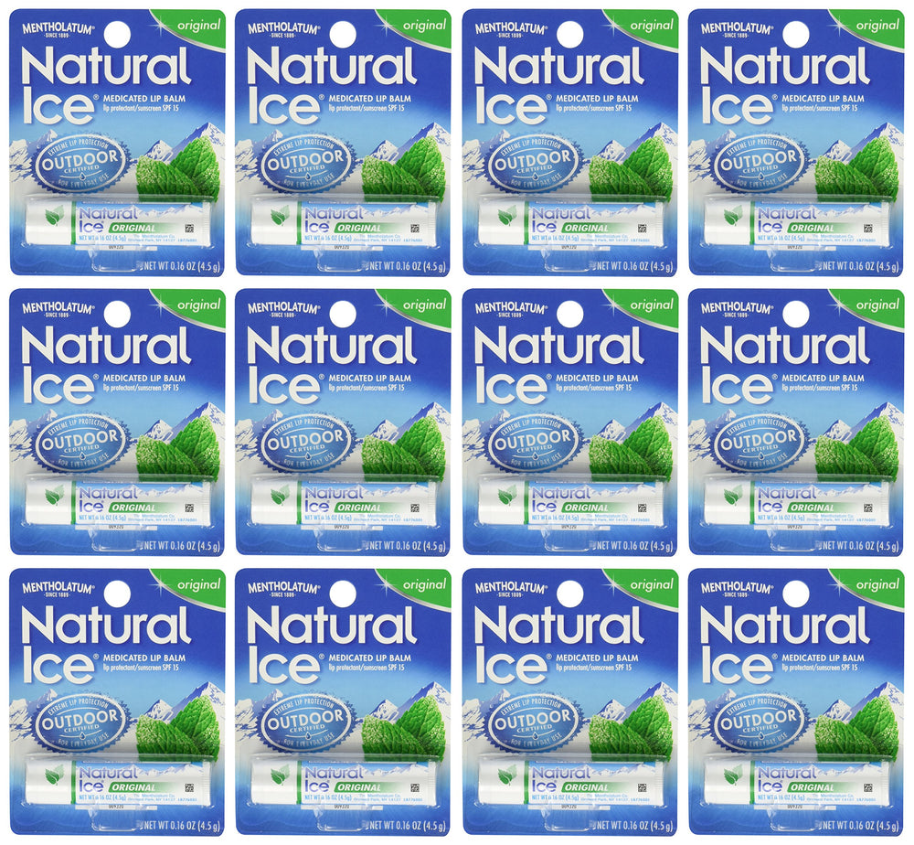 Ever Ready First Aid Mentholatum Natural Ice front packaging shows cooling balm and pack of 12 for convenience