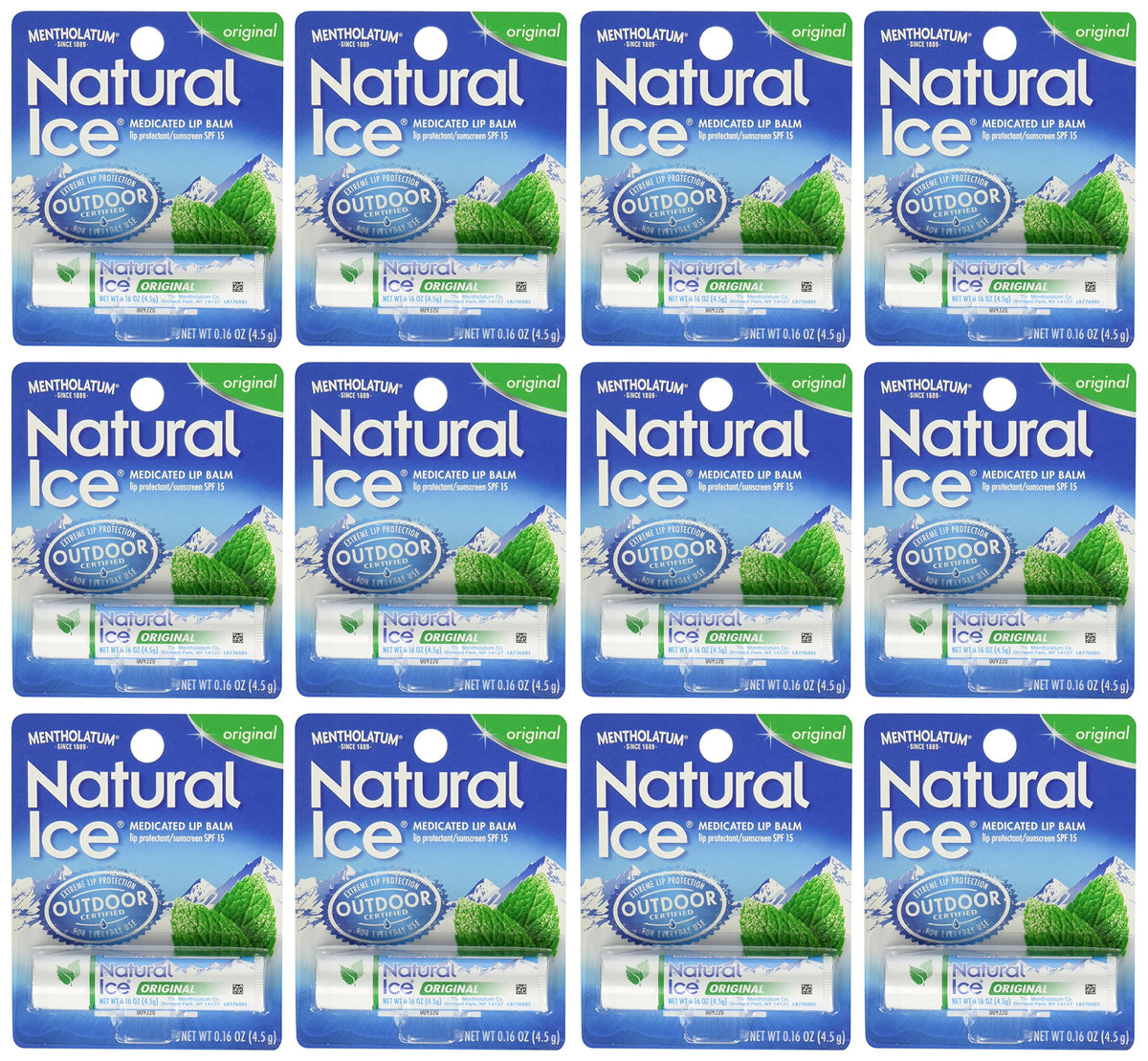 Ever Ready First Aid Mentholatum Natural Ice front packaging shows cooling balm and pack of 12 for convenience