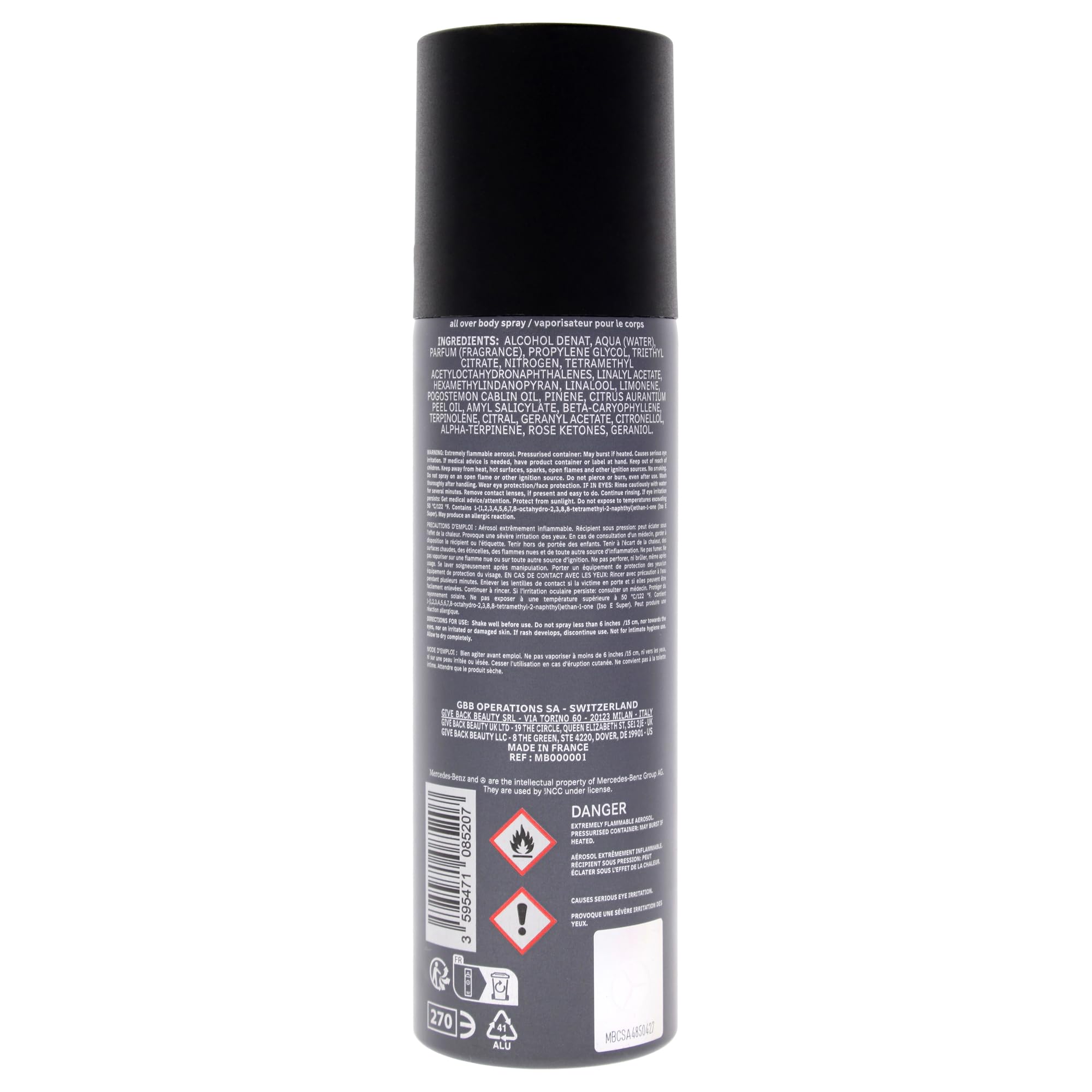 Mercedes Benz Select body spray in hand showing size and travel-ready convenience