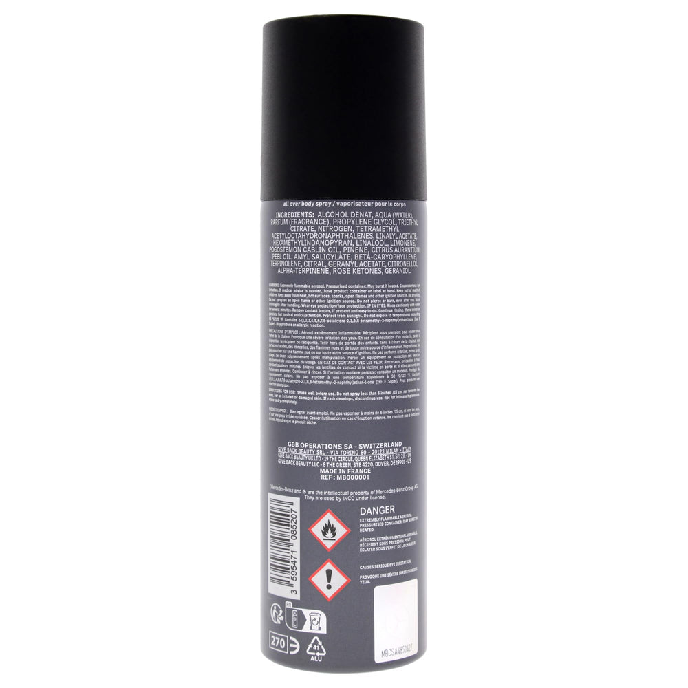 Mercedes Benz Select body spray in hand showing size and travel-ready convenience