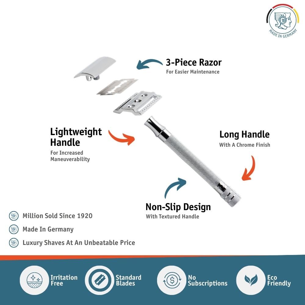 MERKUR long knurled handle close-up for secure, non-slip shaving control