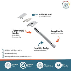 MERKUR long knurled handle close-up for secure, non-slip shaving control