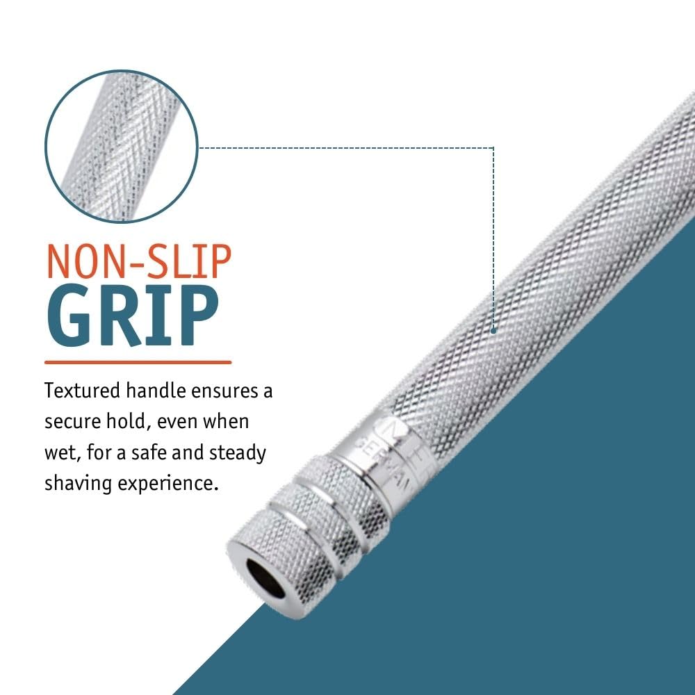 MERKUR paired with a standard DE blade highlighting wide blade compatibility