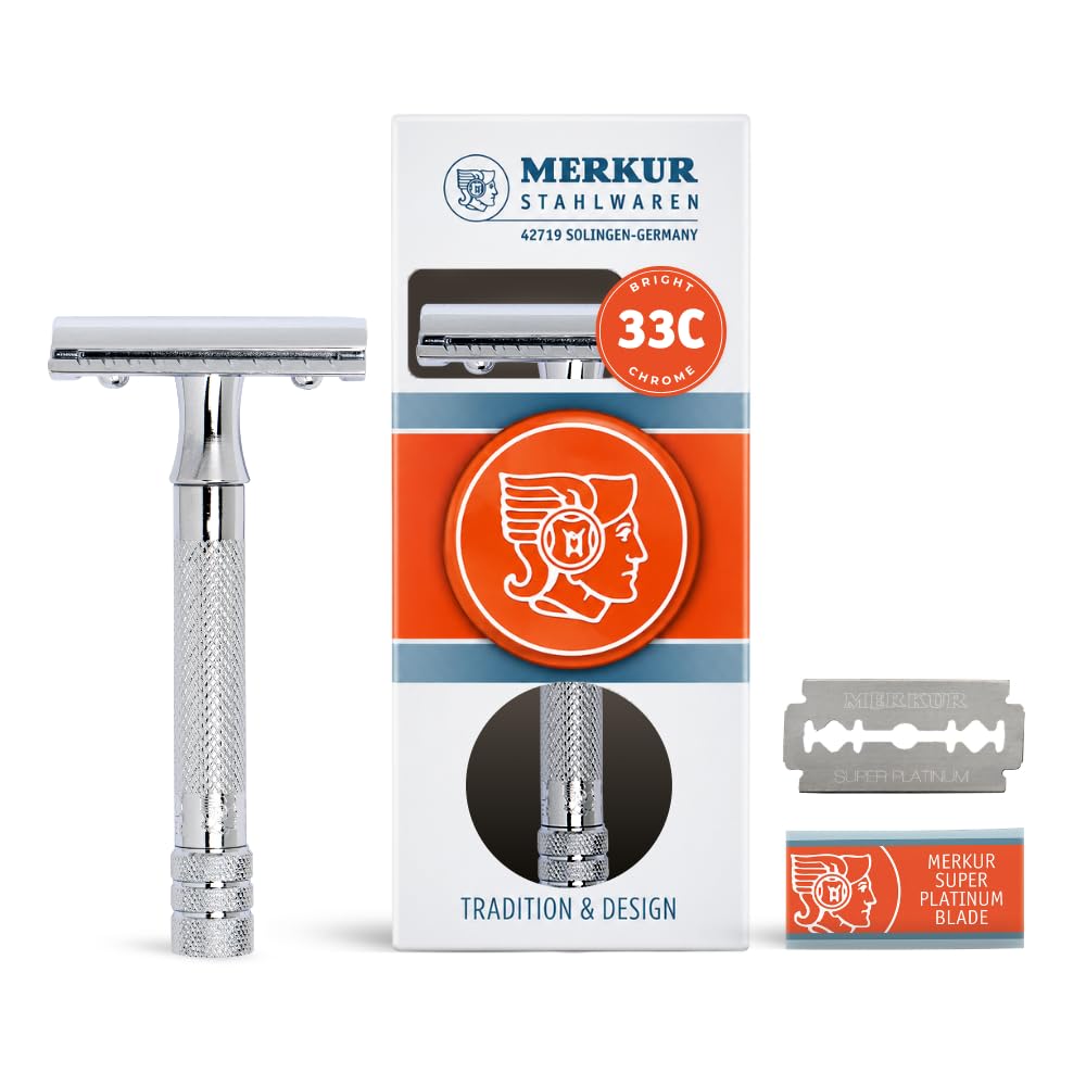 MERKUR chrome head front view showing clean shave performance