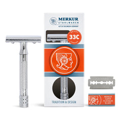 MERKUR chrome head front view showing clean shave performance