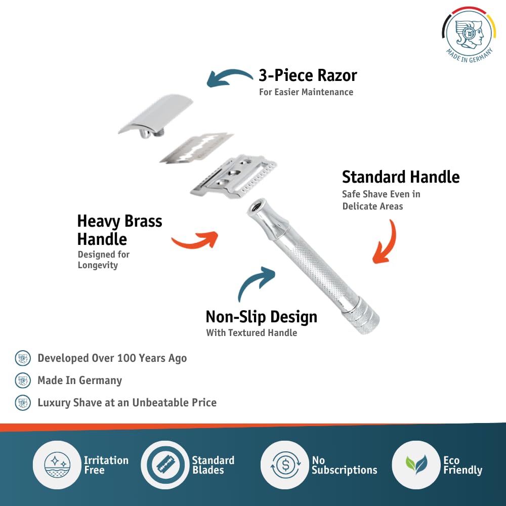 MERKUR knurled short handle close-up for secure grip benefit