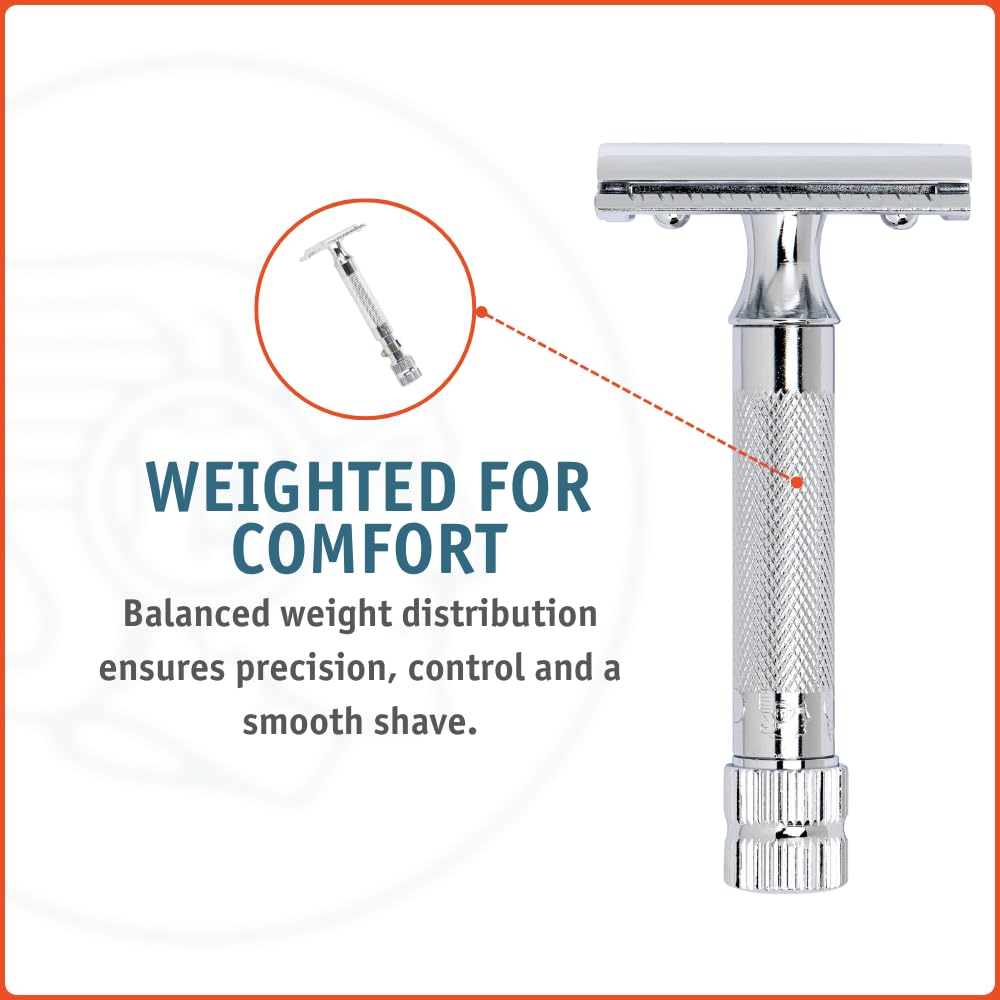 Merkur 34C chrome finish reflecting light for durable corrosion resistance