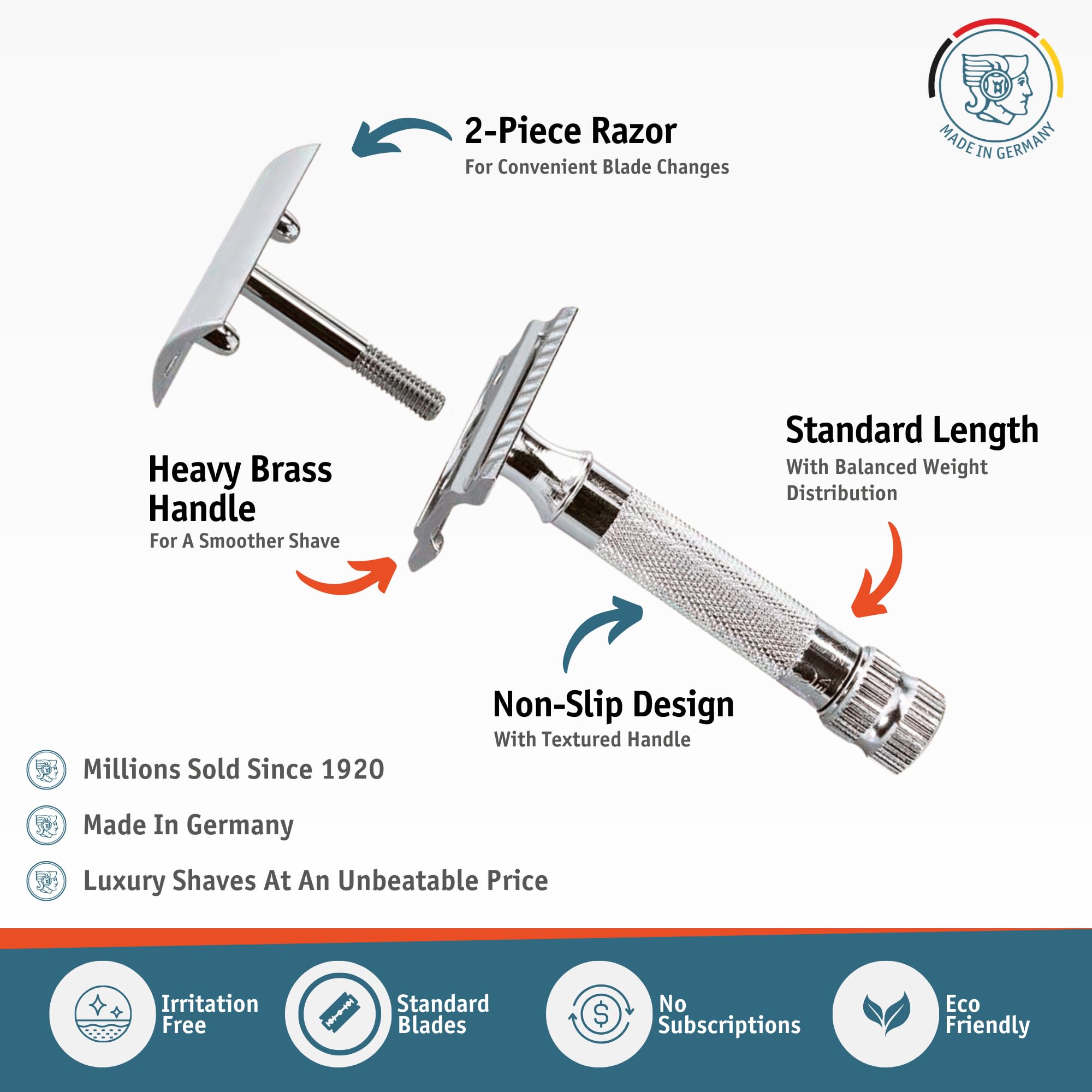 Merkur 34C handle close-up highlighting thick grip for steady strokes