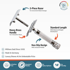 Merkur 34C handle close-up highlighting thick grip for steady strokes