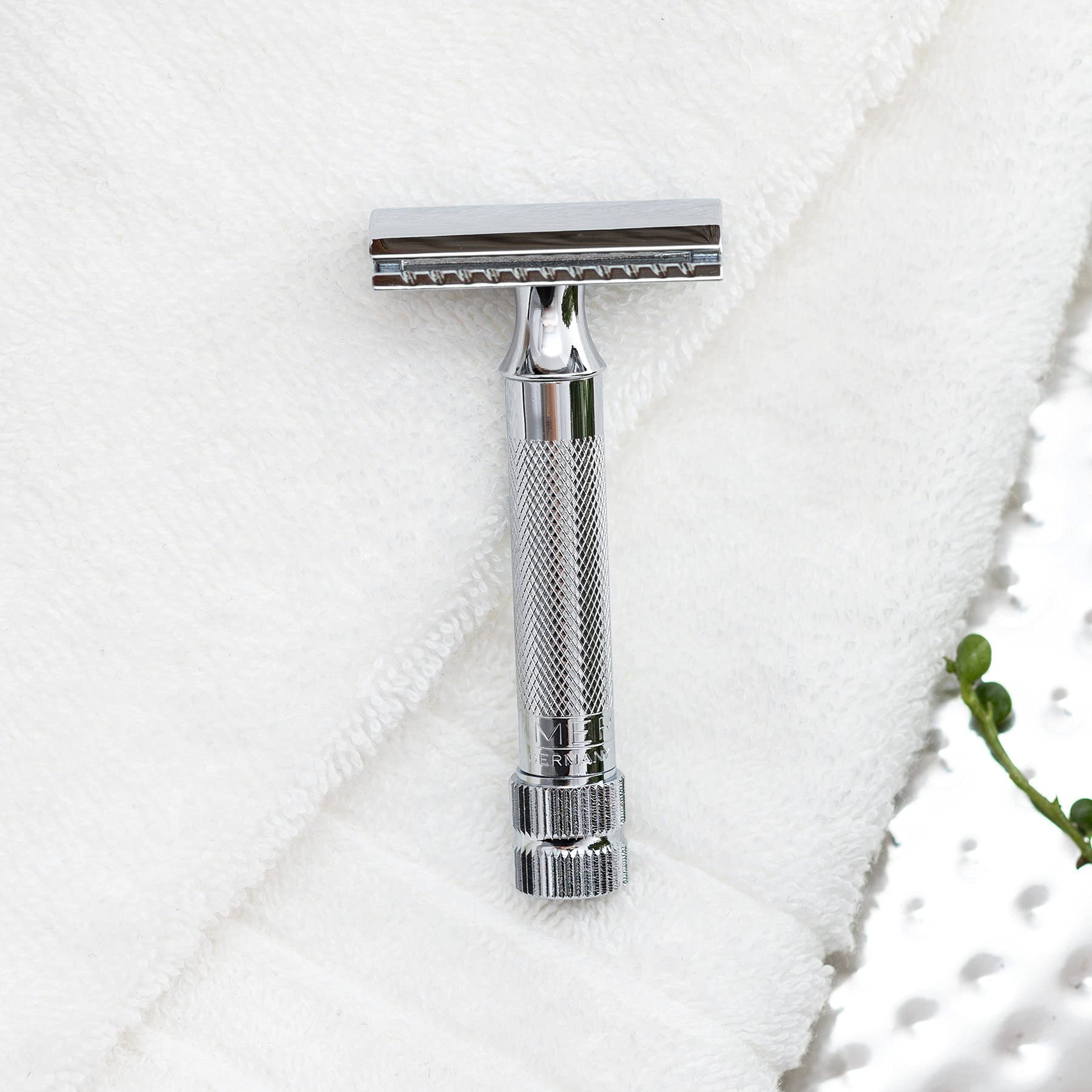 Merkur 34C resting on a stand for organized storage and drying