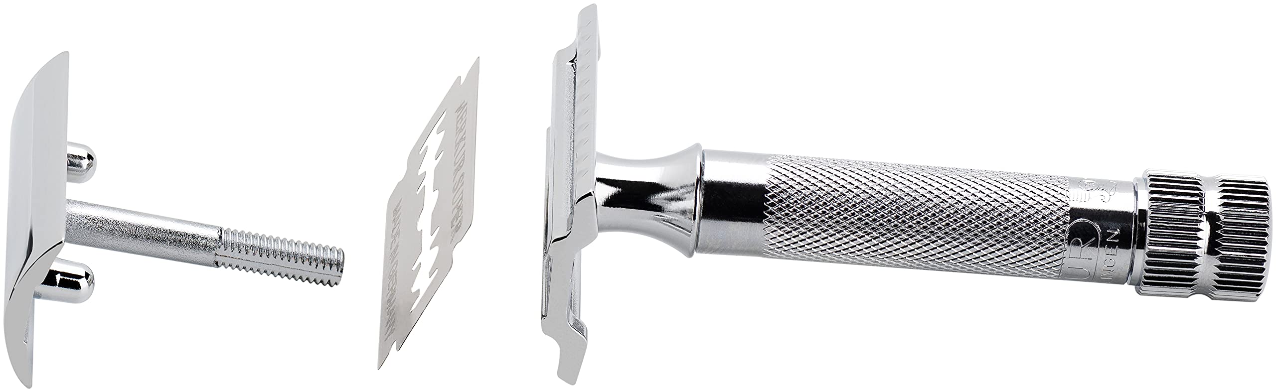 Merkur 34C side profile at shaving angle showing precise blade exposure
