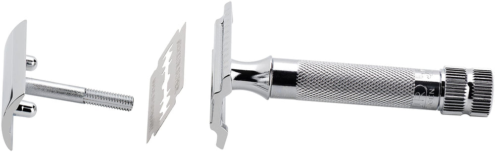 Merkur 34C side profile at shaving angle showing precise blade exposure