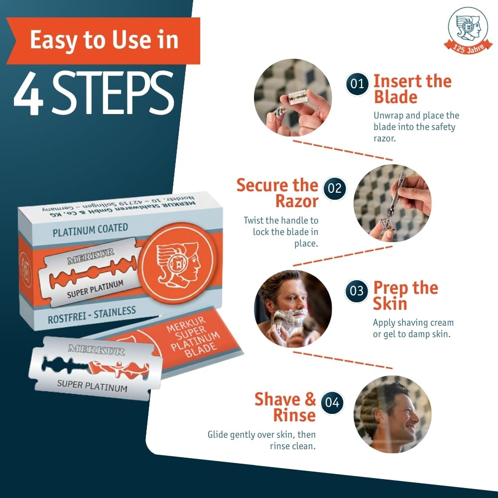 MERKUR blade installed in safety razor demonstrating secure fit and consistent alignment