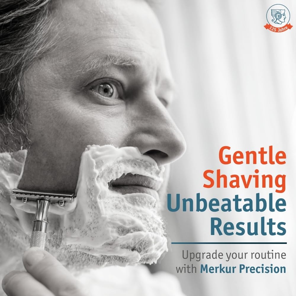 MERKUR lifestyle scene of wet shave setup showing product use and comfortable grooming result