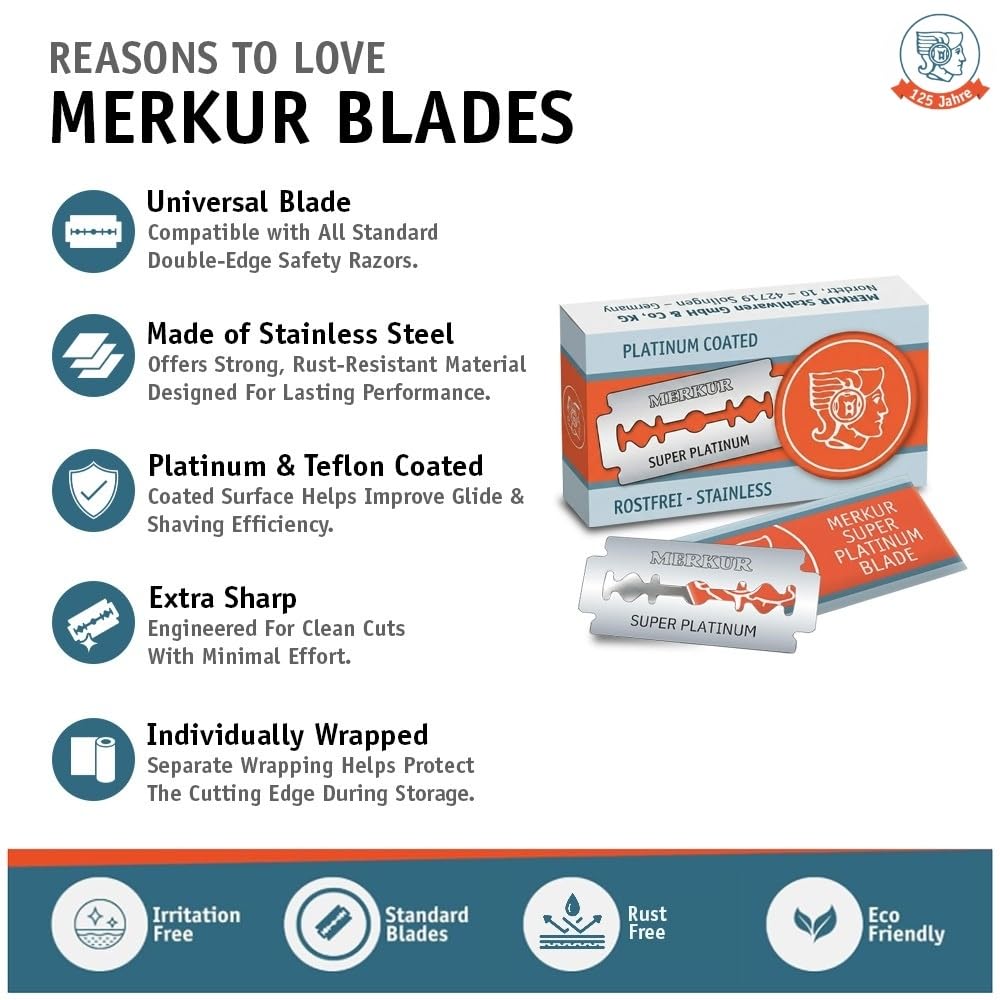 MERKUR single stainless steel blade close-up highlighting precise edge for smooth shaves
