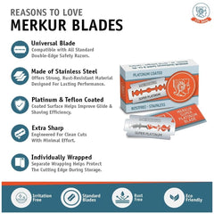 MERKUR single stainless steel blade close-up highlighting precise edge for smooth shaves