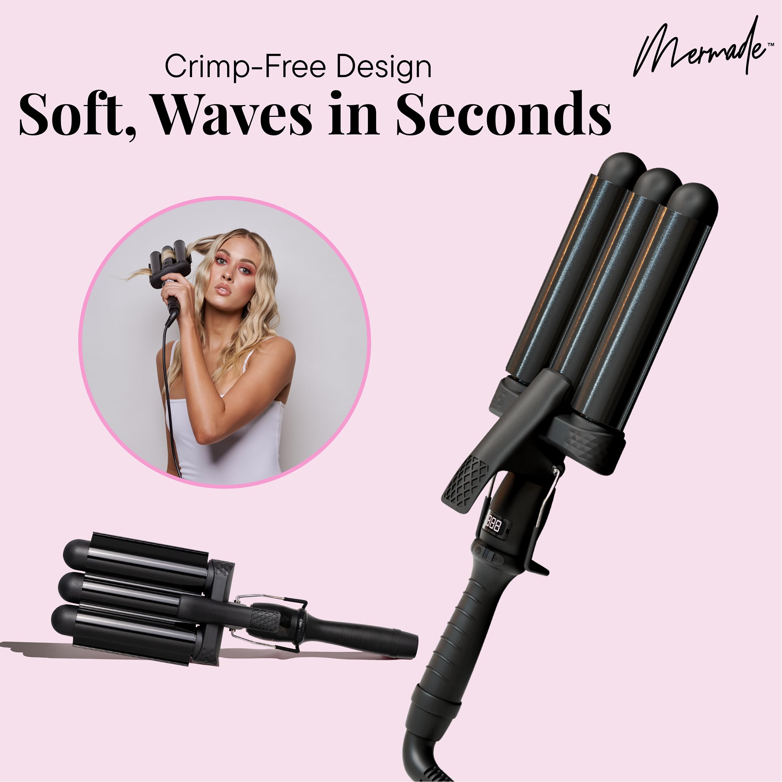 Mermade Hair close-up ceramic barrels highlighting even heat and reduced frizz benefit