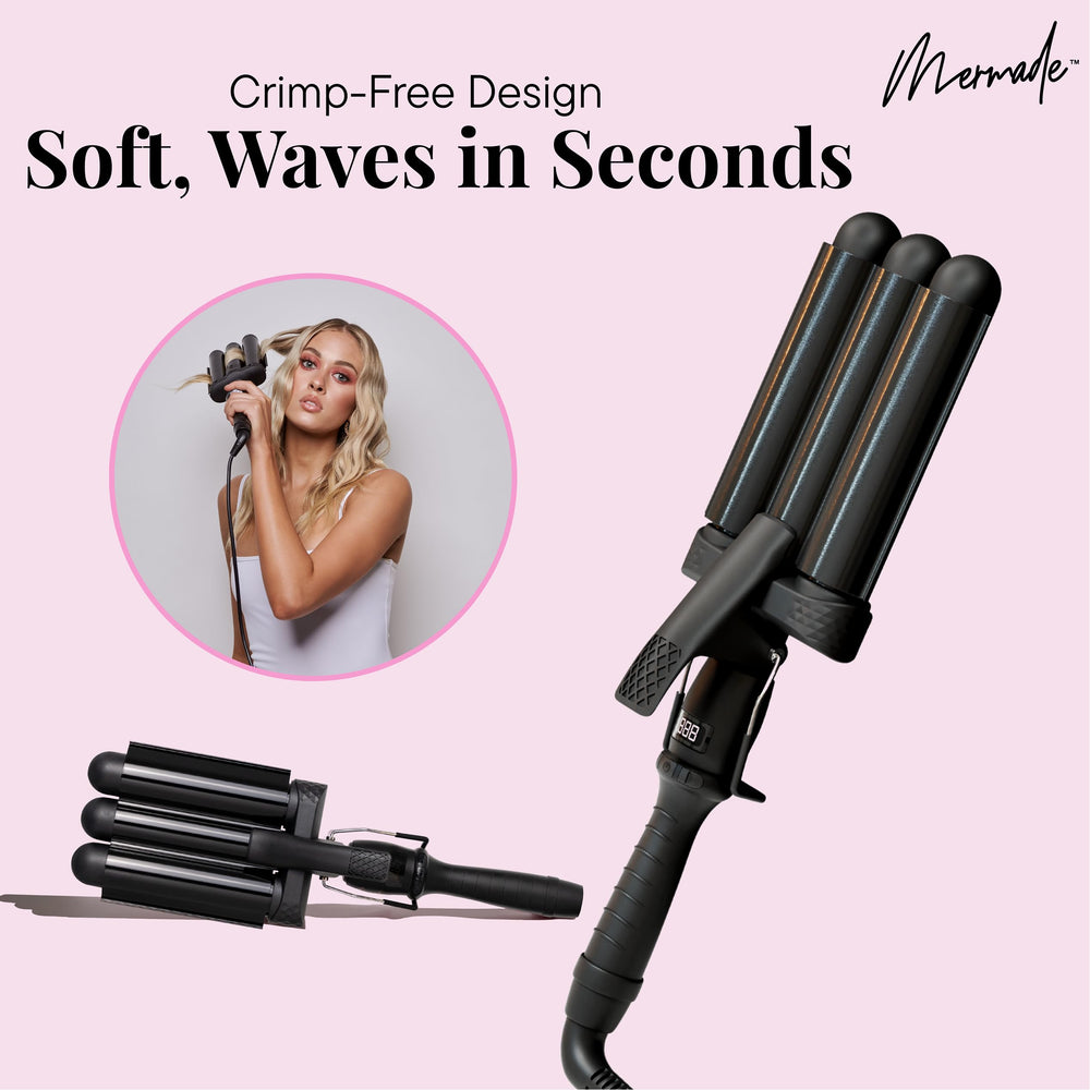 Mermade Hair close-up ceramic barrels highlighting even heat and reduced frizz benefit