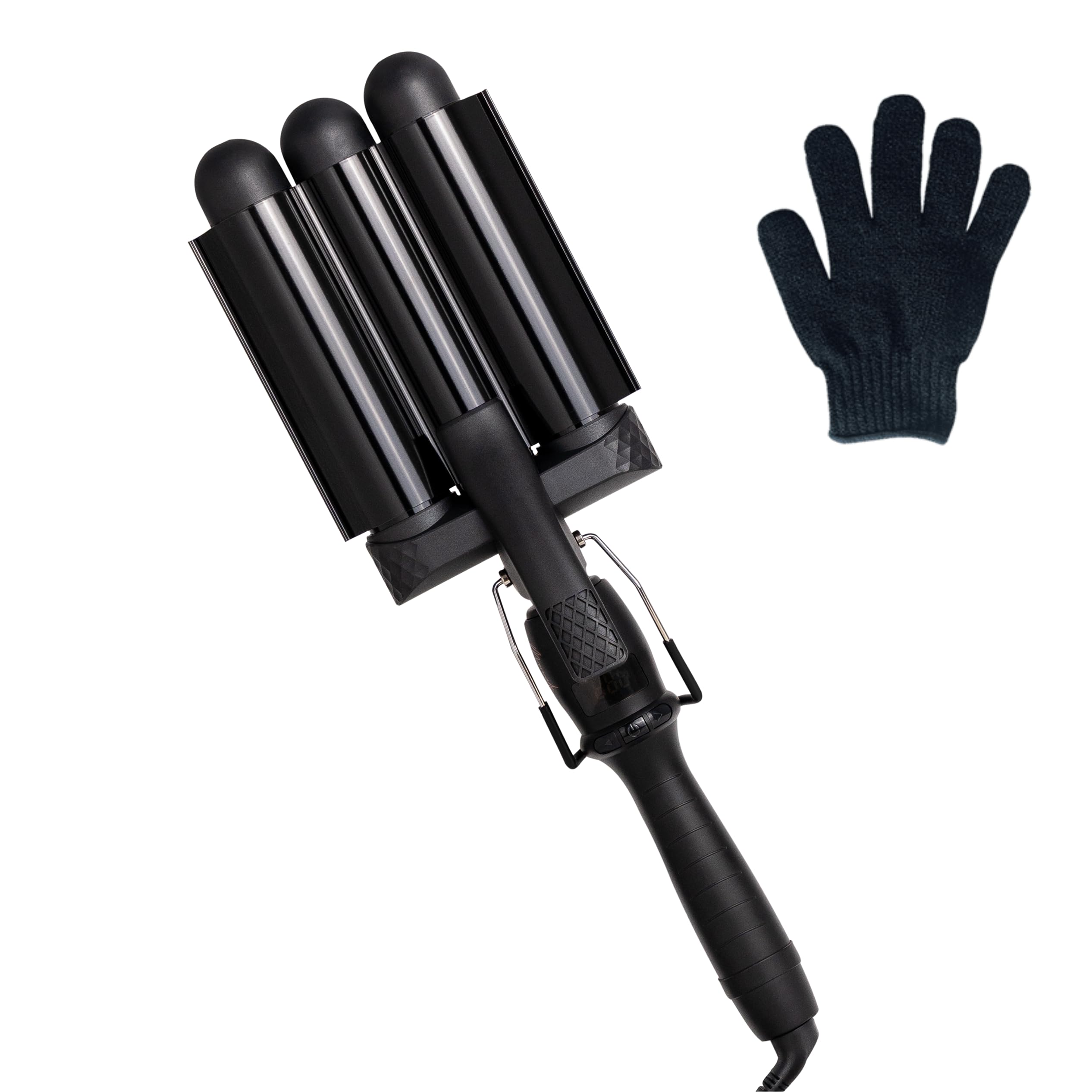 Mermade Hair front view of black PRO waver showing barrels and handle, fast styling benefit