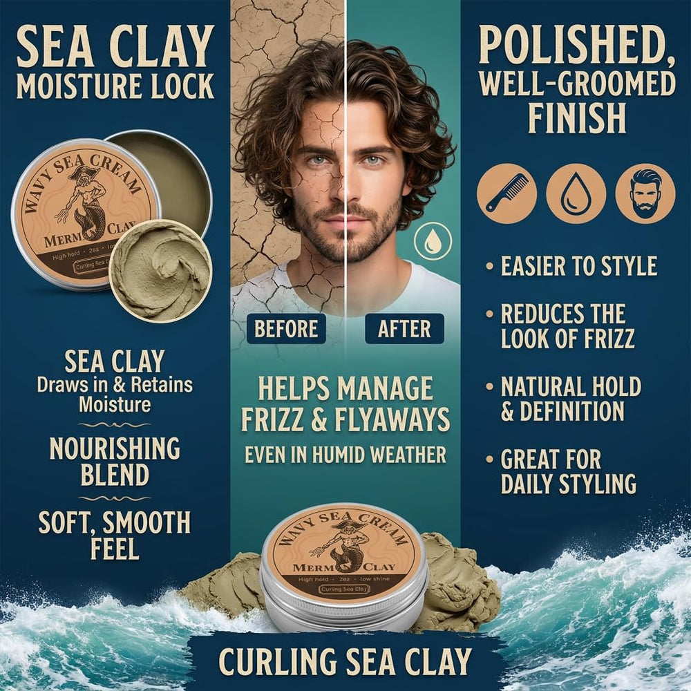 MERMANS CLAY styled curls after use showing defined volume and shine