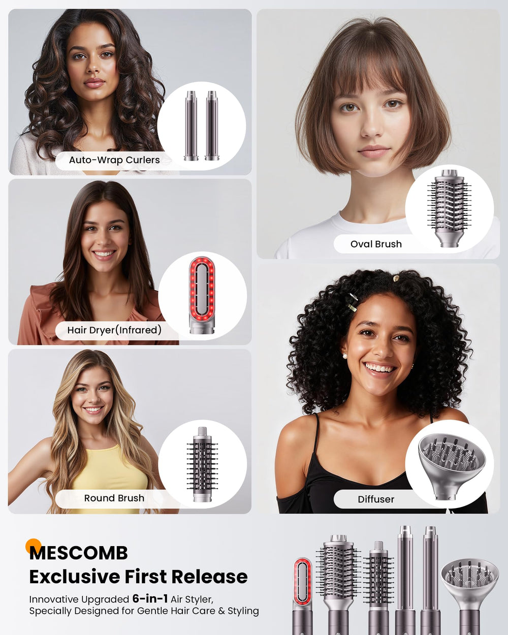 MESCOMB attachments laid out illustrating included heads and quick styling versatility