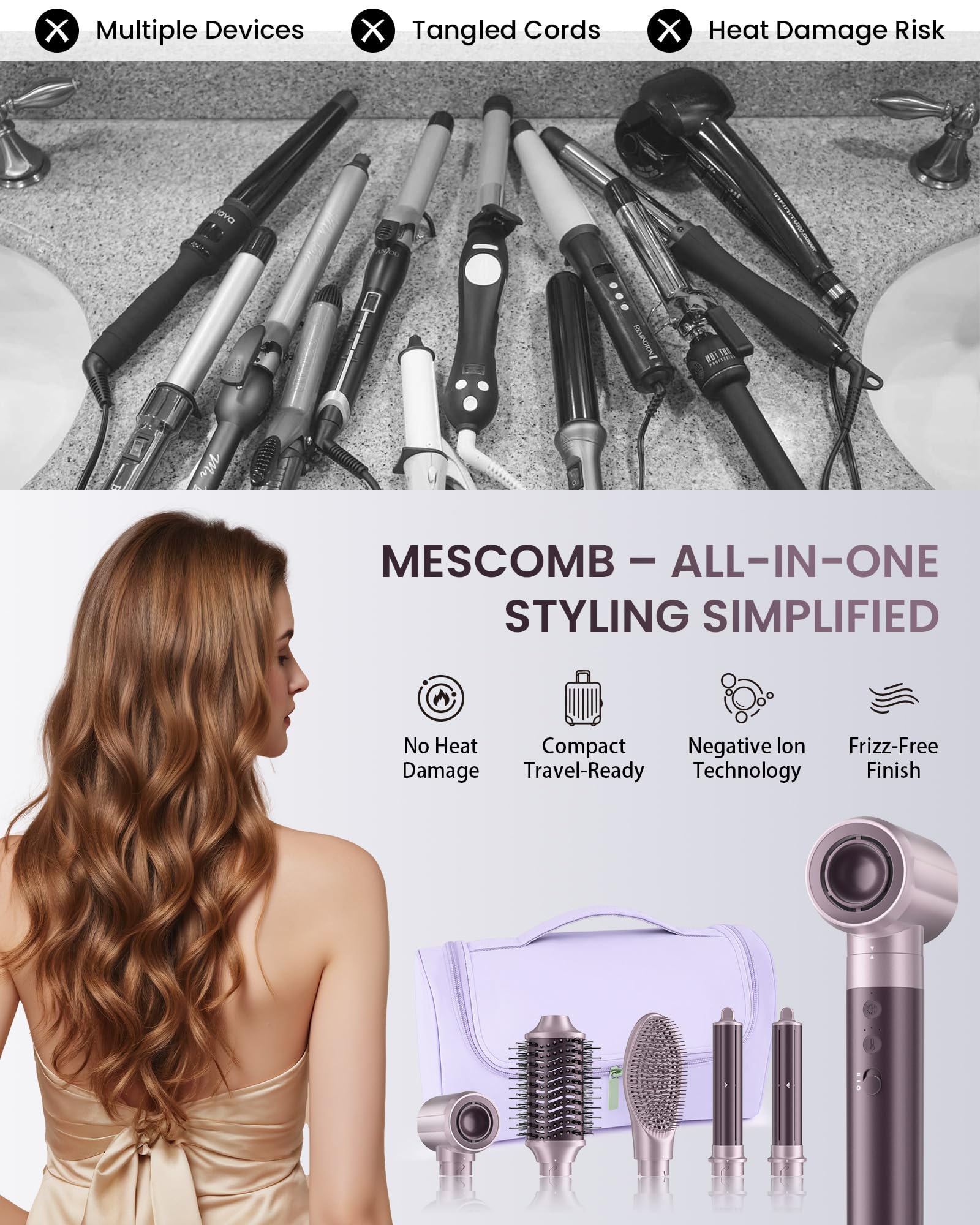 MESCOMB in hotel bathroom showing dual-voltage travel convenience benefit