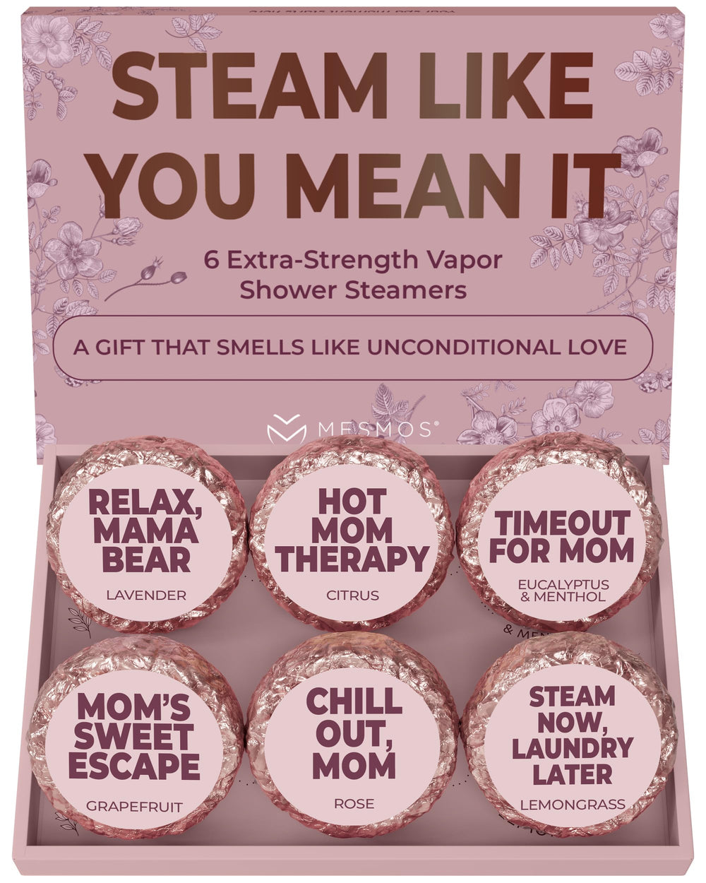 MESMOS front packaging showing six steamers and gift-ready presentation