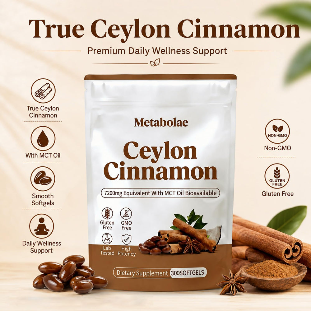 Metabolae Ceylon Cinnamon softgel close-up highlighting smooth MCT capsule