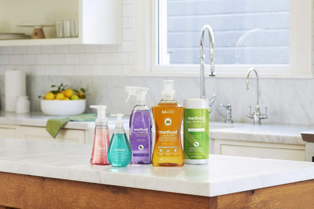 Method soap on a bathroom counter illustrating neat, everyday use