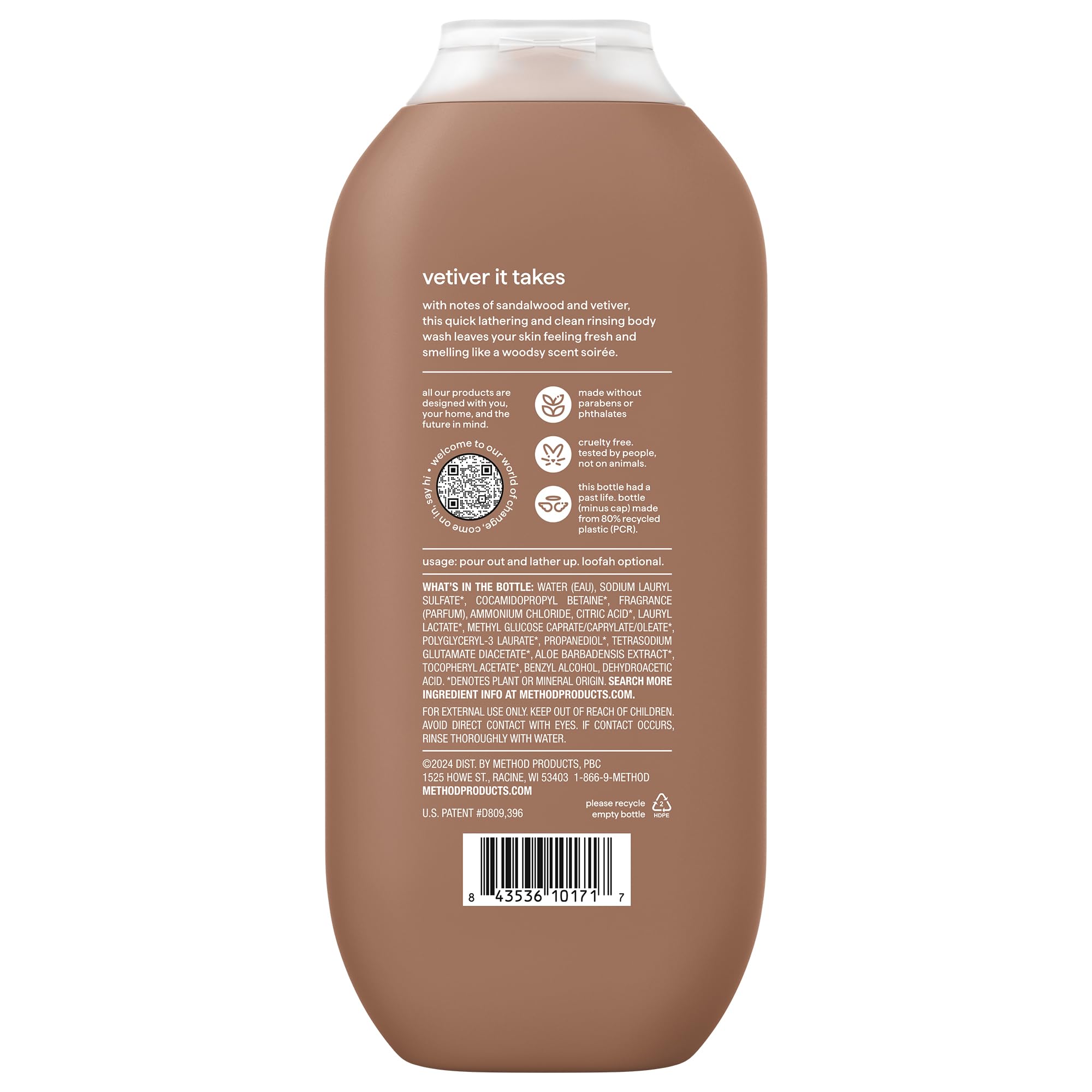 Close-up of Method label highlighting ingredients and scent benefits