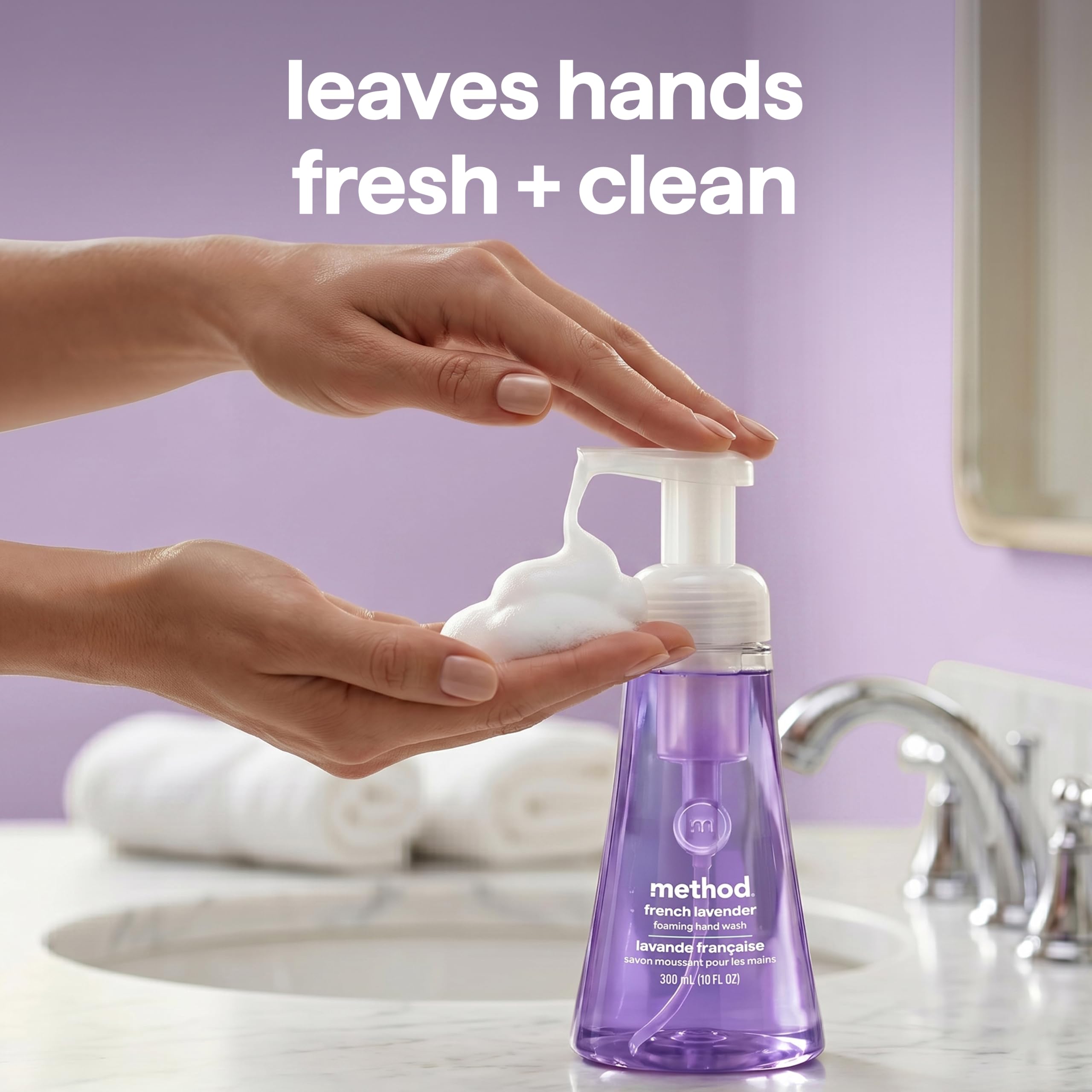 Method bottle next to a hand for size scale and portion clarity benefit