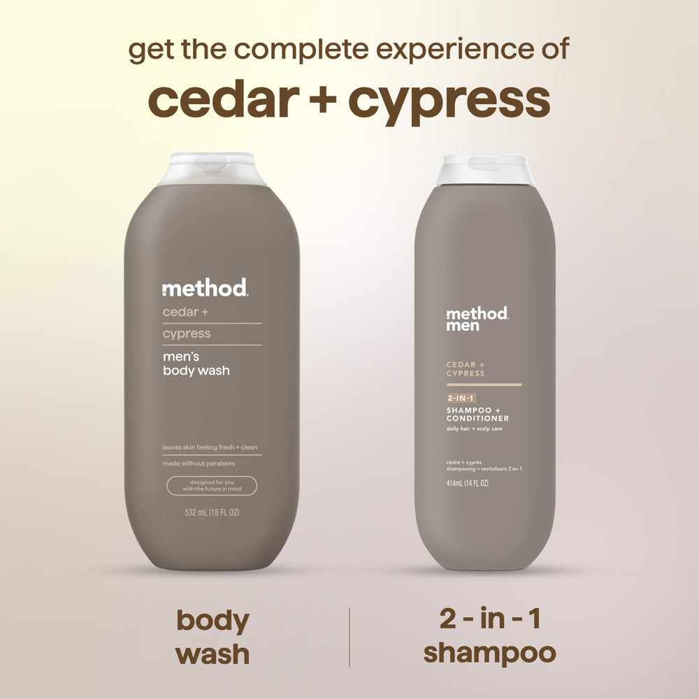 Method cedar + cypress fragrance notes image evoking woody, fresh scent