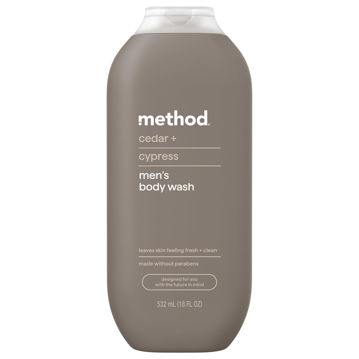 Method cedar + cypress front bottle showing 18 fl oz and recyclable benefits