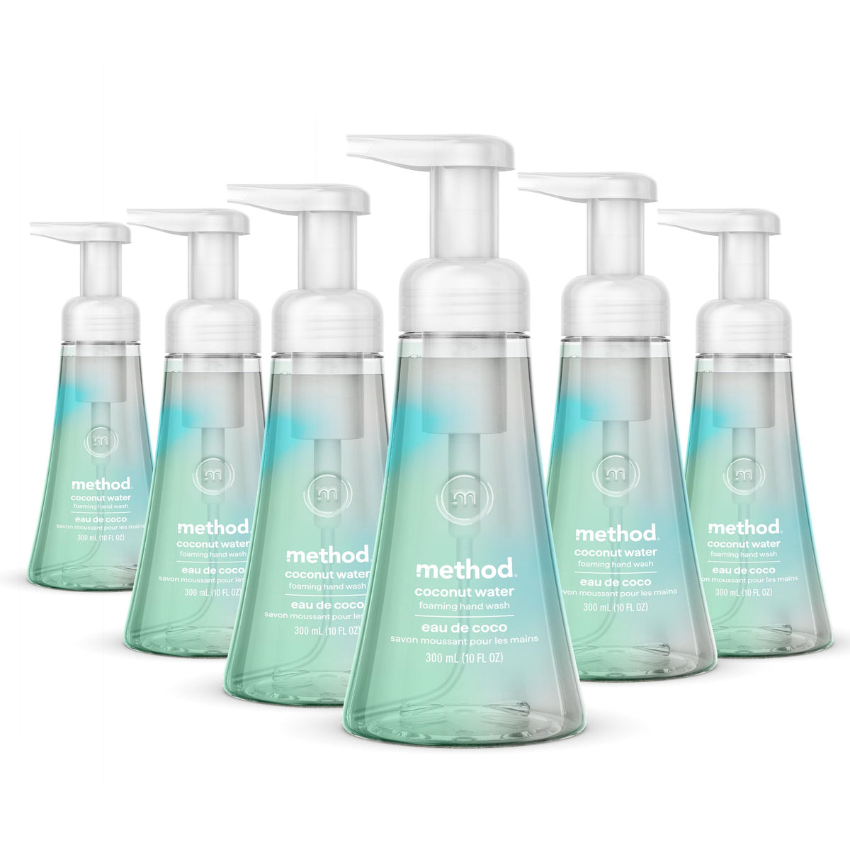 Method coconut water front packaging showing six 10 fl oz bottles and clear labeling