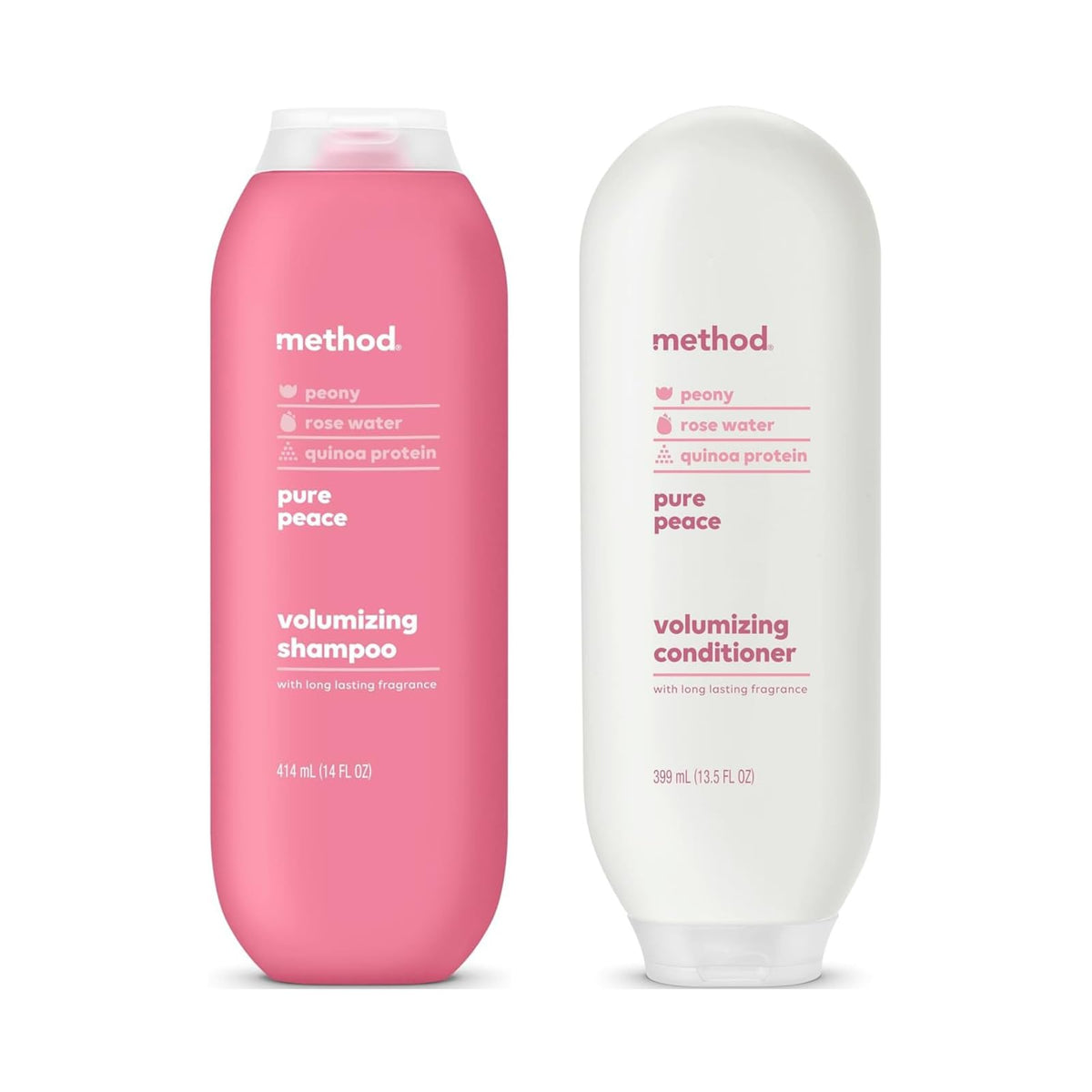 Method bottle front packaging showing calming peony scent and benefit of lightweight volume