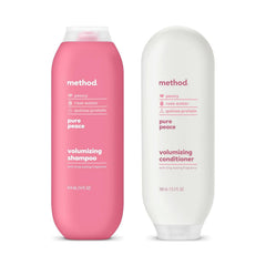 Method bottle front packaging showing calming peony scent and benefit of lightweight volume