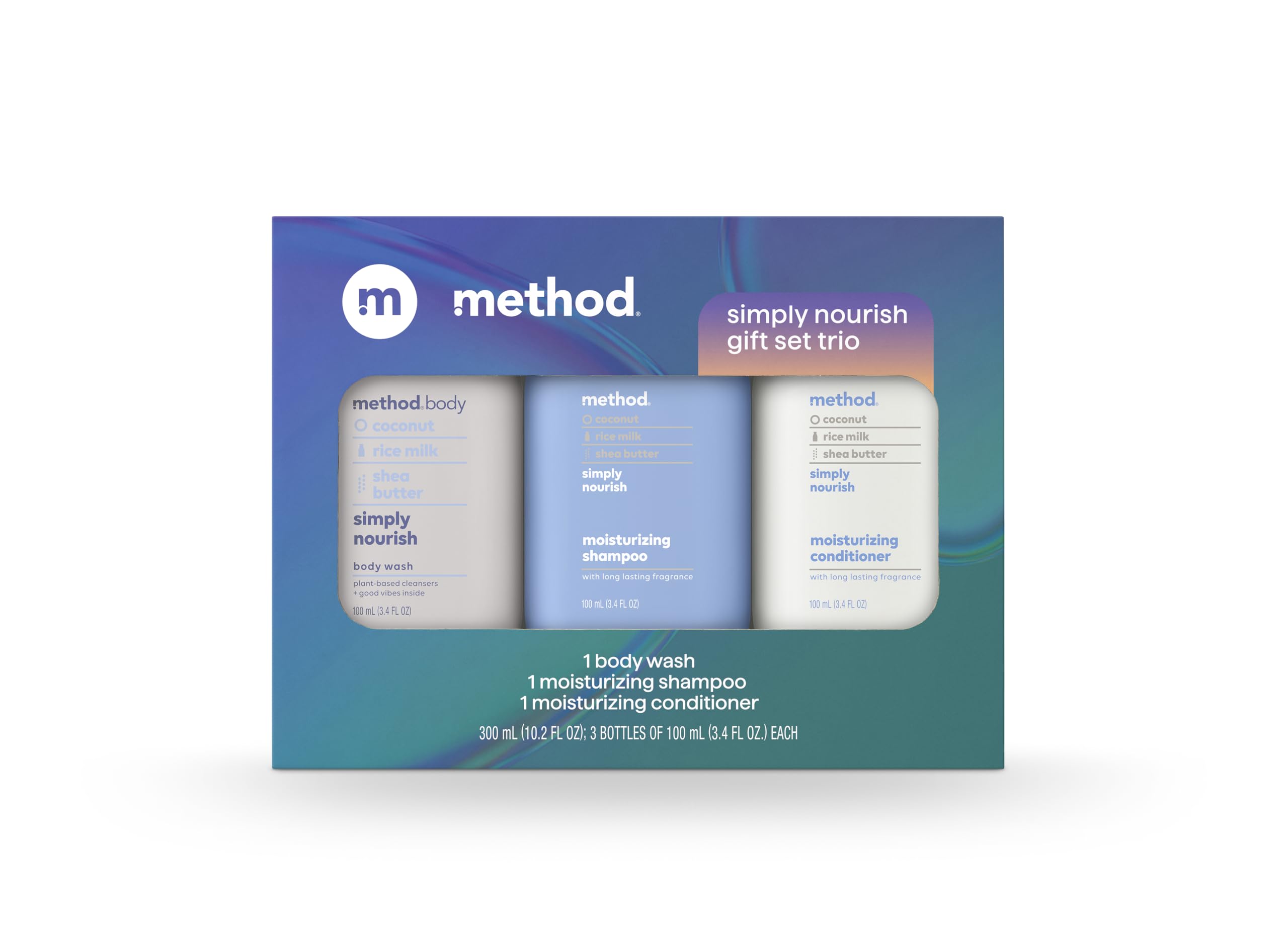 Method front packaging showing three travel bottles, easy gifting